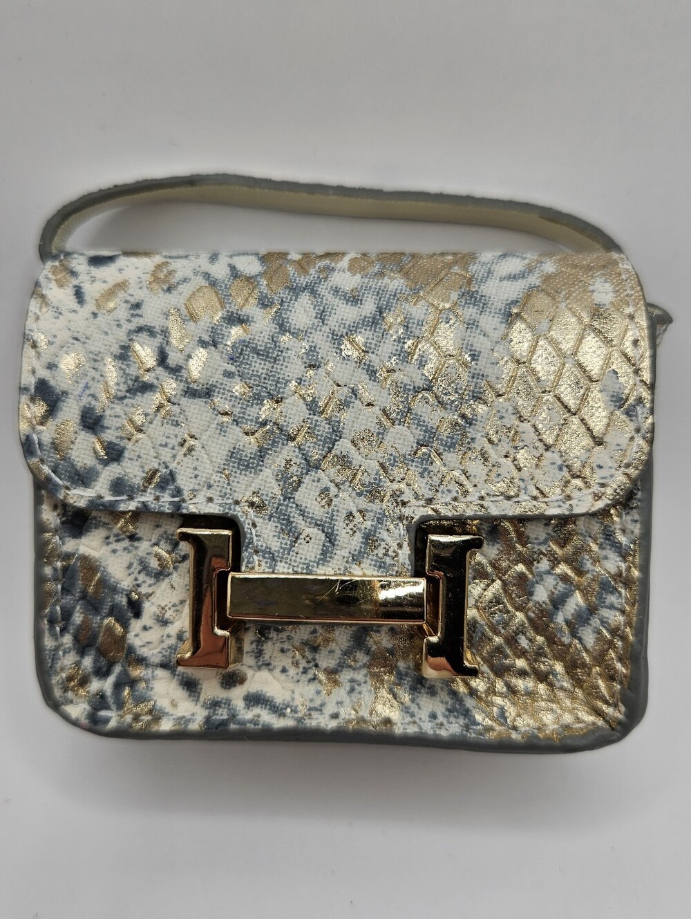 H-Accent Metallic Snake Print Mini Bag Charm in Gold and White